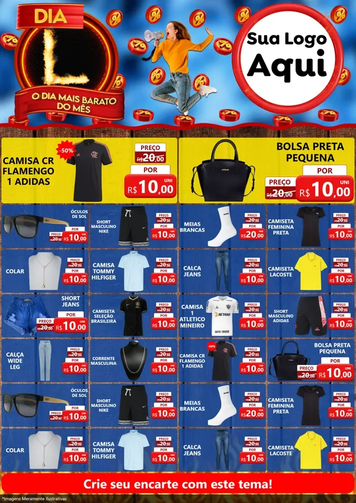 Modelo de Encarte para Encarte A4 Vertical com o tema Dia L - O Dia Mais Barato Do Mês para Roupas e acessórios