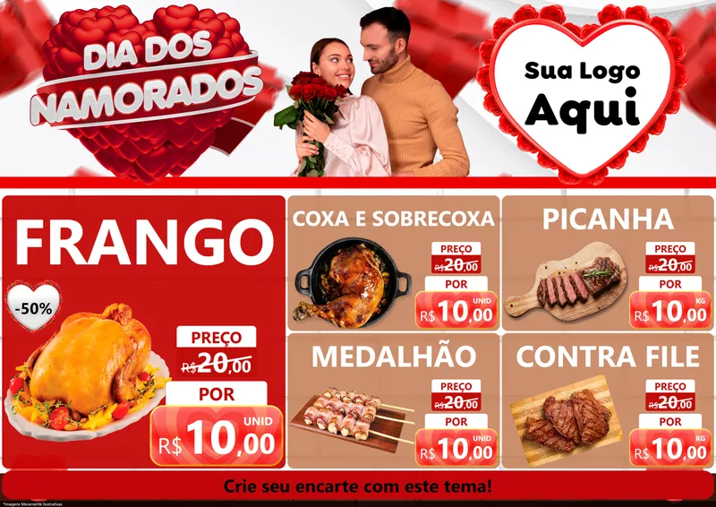Modelo de Encarte para Encarte A4 Horizontal com o tema Dia dos Namorados para Assados