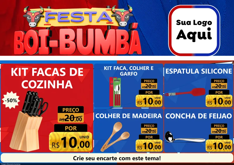 Modelo de Encarte para Encarte A4 Horizontal com o tema Festa Boi Bumbá para Utilidades Domésticas