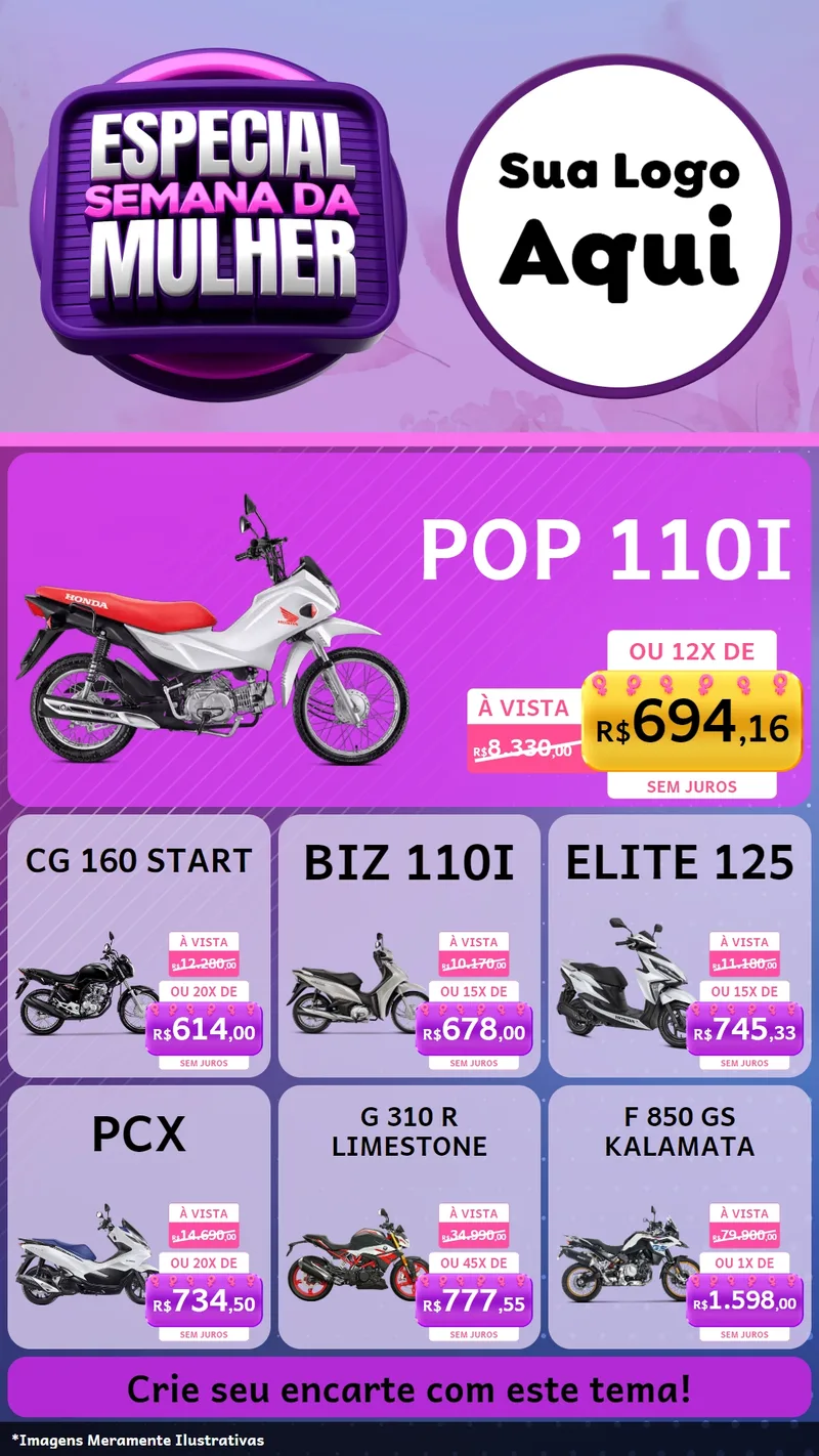 Modelo de Rede Social para Stories com o tema Especial Semana da Mulher para Concessionaria de Motos