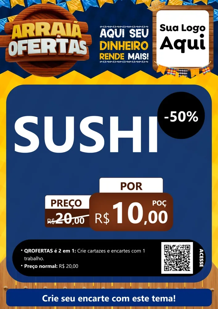 Modelo de Cartaz para Cartaz A4 Vertical com o tema Arraiá de Ofertas - Junina para Comida japonesa