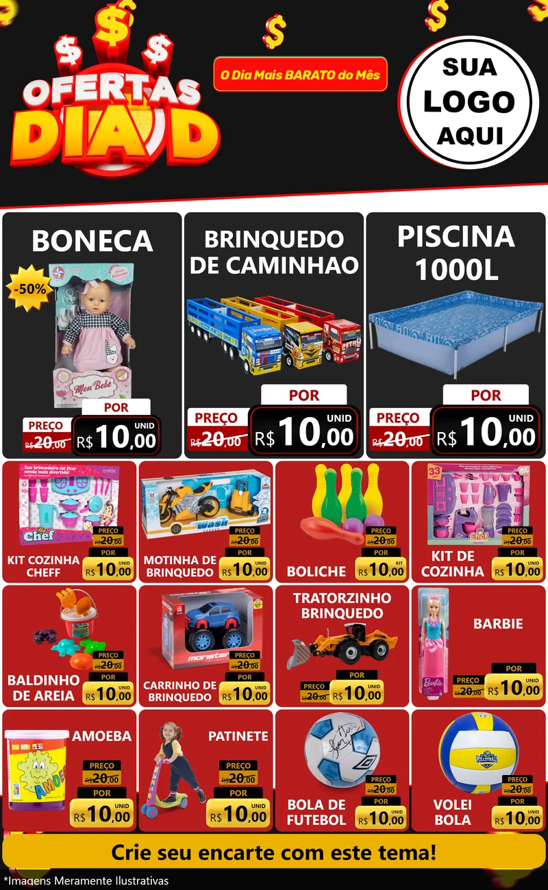 Modelo de Encarte para Encarte Grande com o tema Ofertas Dia D para Brinquedos