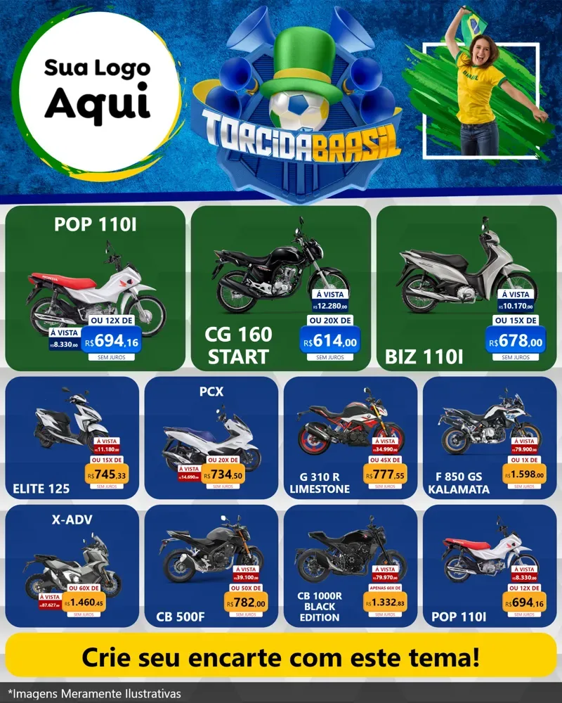 Modelo de Rede Social para Feed Instagram com o tema Torcida Brasil - Copa para Concessionaria de Motos