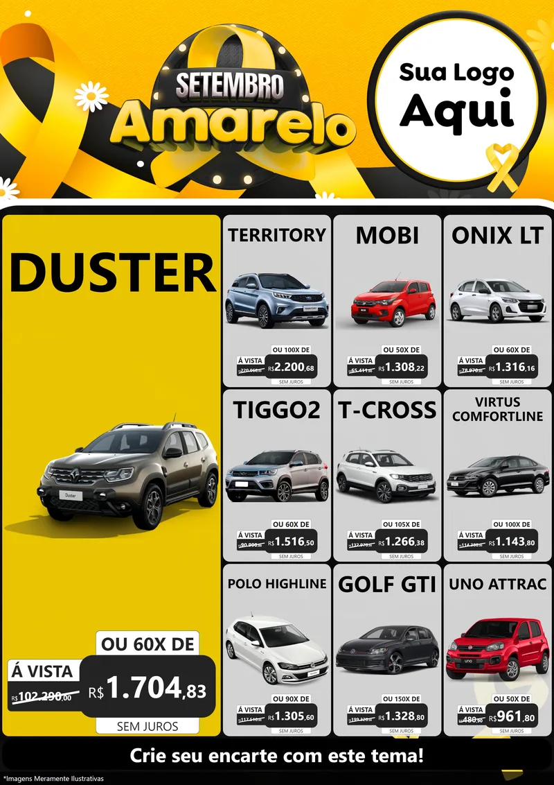 Modelo de Encarte para Encarte A4 Vertical com o tema Setembro Amarelo para Concessionaria de Carros