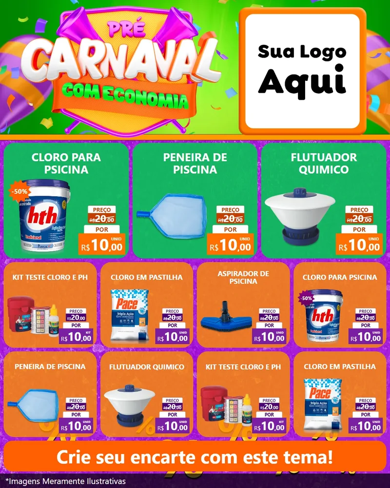 Modelo de Rede Social para Feed Instagram com o tema Pré-Carnaval Com Economia para Produtos para Piscina