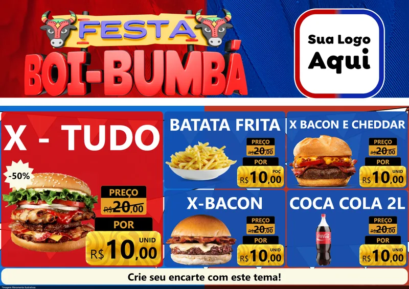 Modelo de Encarte para Encarte A4 Horizontal com o tema Festa Boi Bumbá para Hamburgueria