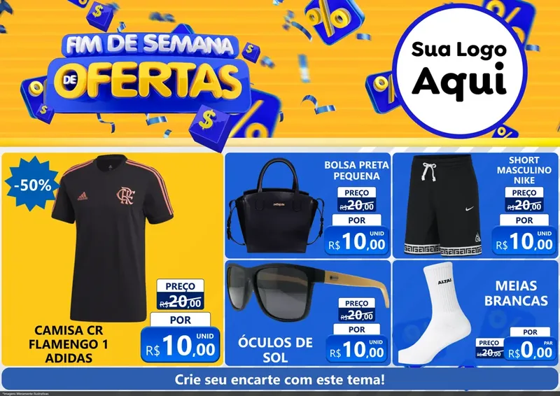 Modelo de Encarte para Encarte A4 Horizontal com o tema Fim de Semana de Ofertas para Roupas e acessórios