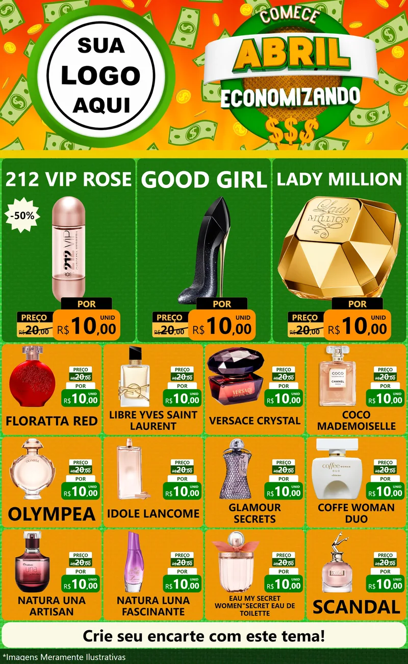 Modelo de Encarte para Encarte Grande com o tema Comece Abril Economizando para Perfumes