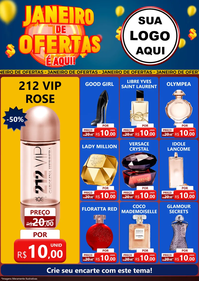 Modelo de Encarte para Encarte A4 Vertical com o tema Janeiro de Ofertas É Aqui! para Perfumes