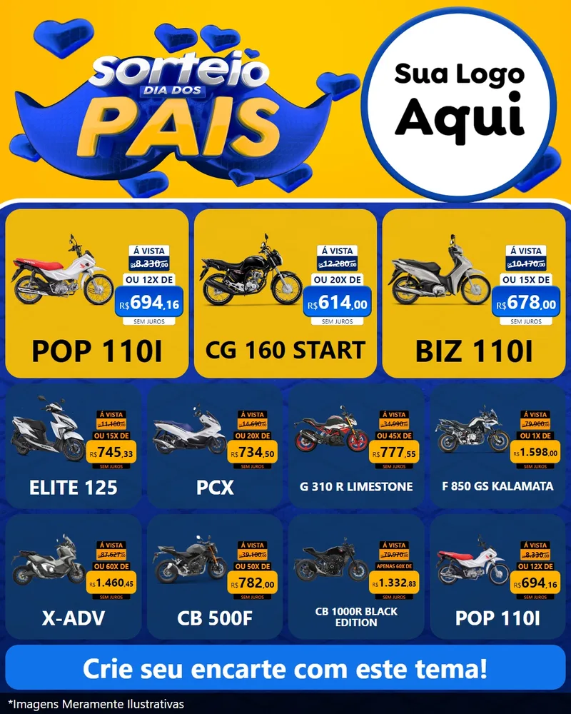 Modelo de Rede Social para Feed Instagram com o tema Sorteio Dia dos Pais para Concessionaria de Motos