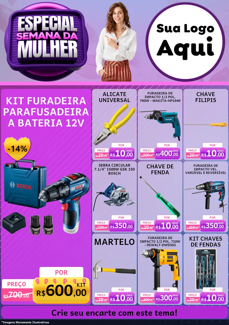 Modelo de Encarte para Encarte A4 Vertical com o tema Especial Semana da Mulher para Maquinas e Ferramentas