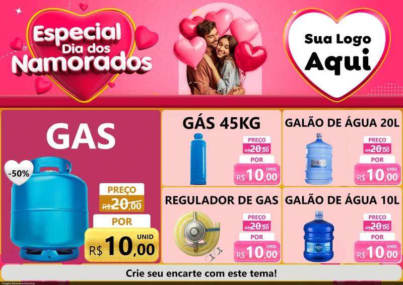Modelo de Encarte para Encarte A4 Horizontal com o tema Especial Dia dos Namorados para Água e gás