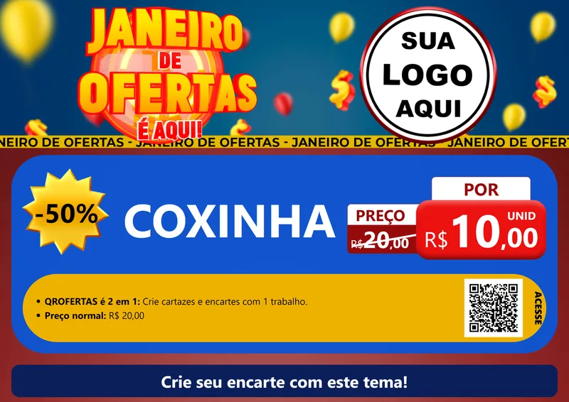 Modelo de Cartaz para Cartaz A4 Horizontal com o tema Janeiro de Ofertas É Aqui! para Salgadaria