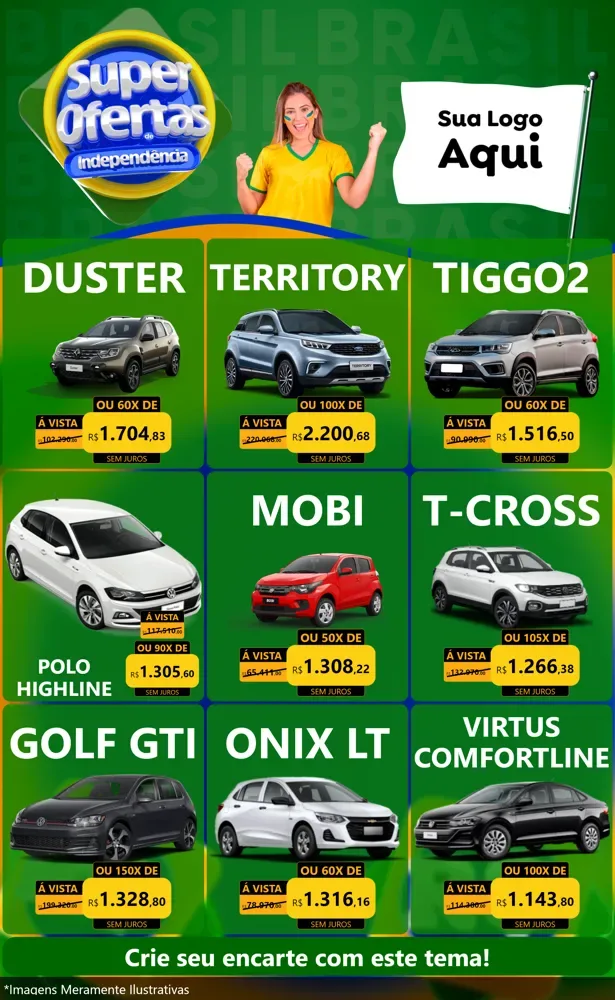 Modelo de Encarte para Encarte Grande com o tema Super Ofertas de Independência para Concessionaria de Carros