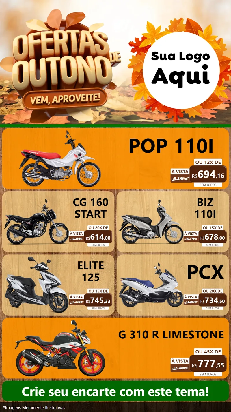 Modelo de TV para TV Vertical com o tema Ofertas de Outono - Vem, Aproveite! para Concessionaria de Motos