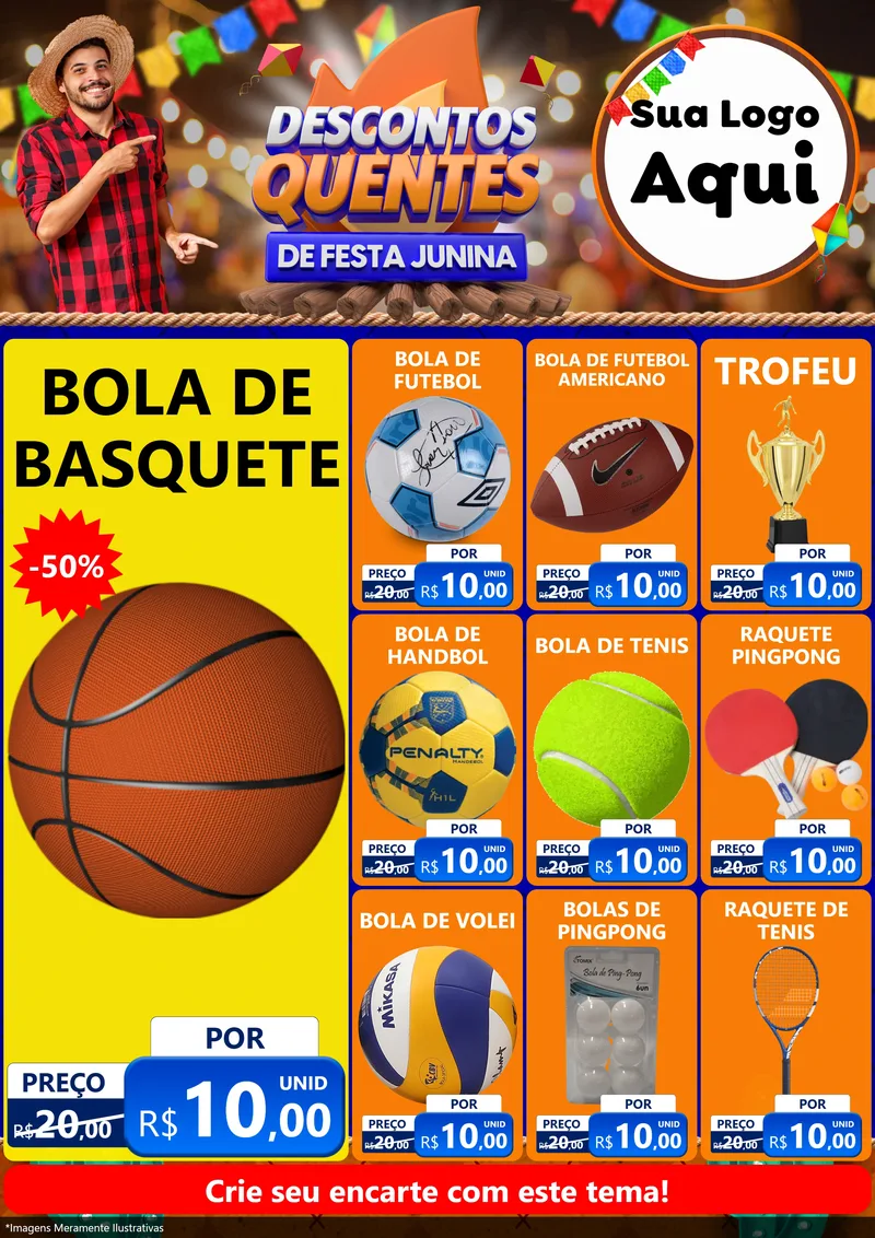 Modelo de Encarte para Encarte A4 Vertical com o tema Descontos Quentes de Festa Junina para Artigos Esportivos