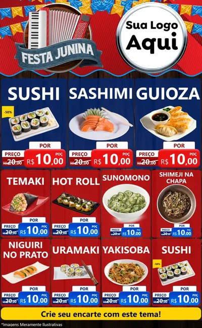 Modelo de Encarte para Encarte Grande com o tema Festa Junina para Comida japonesa