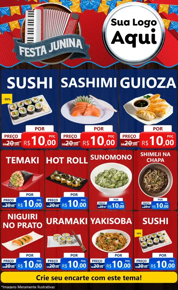 Modelo de Encarte para Encarte Grande com o tema Festa Junina para Comida japonesa