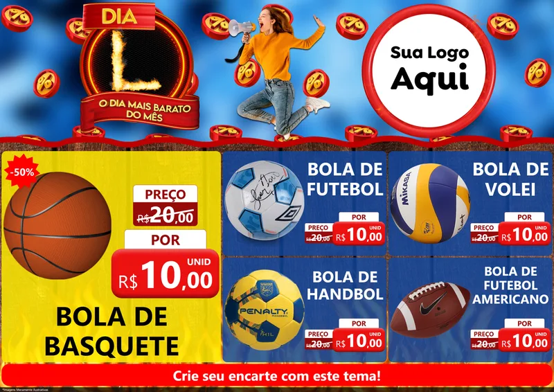 Modelo de Encarte para Encarte A4 Horizontal com o tema Dia L - O Dia Mais Barato Do Mês para Artigos Esportivos