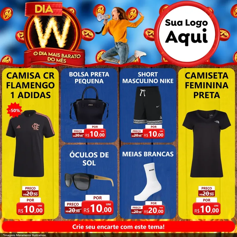 Modelo de Rede Social para Feed Facebook com o tema Dia W - O Dia Mais Barato Do Mês para Roupas e acessórios
