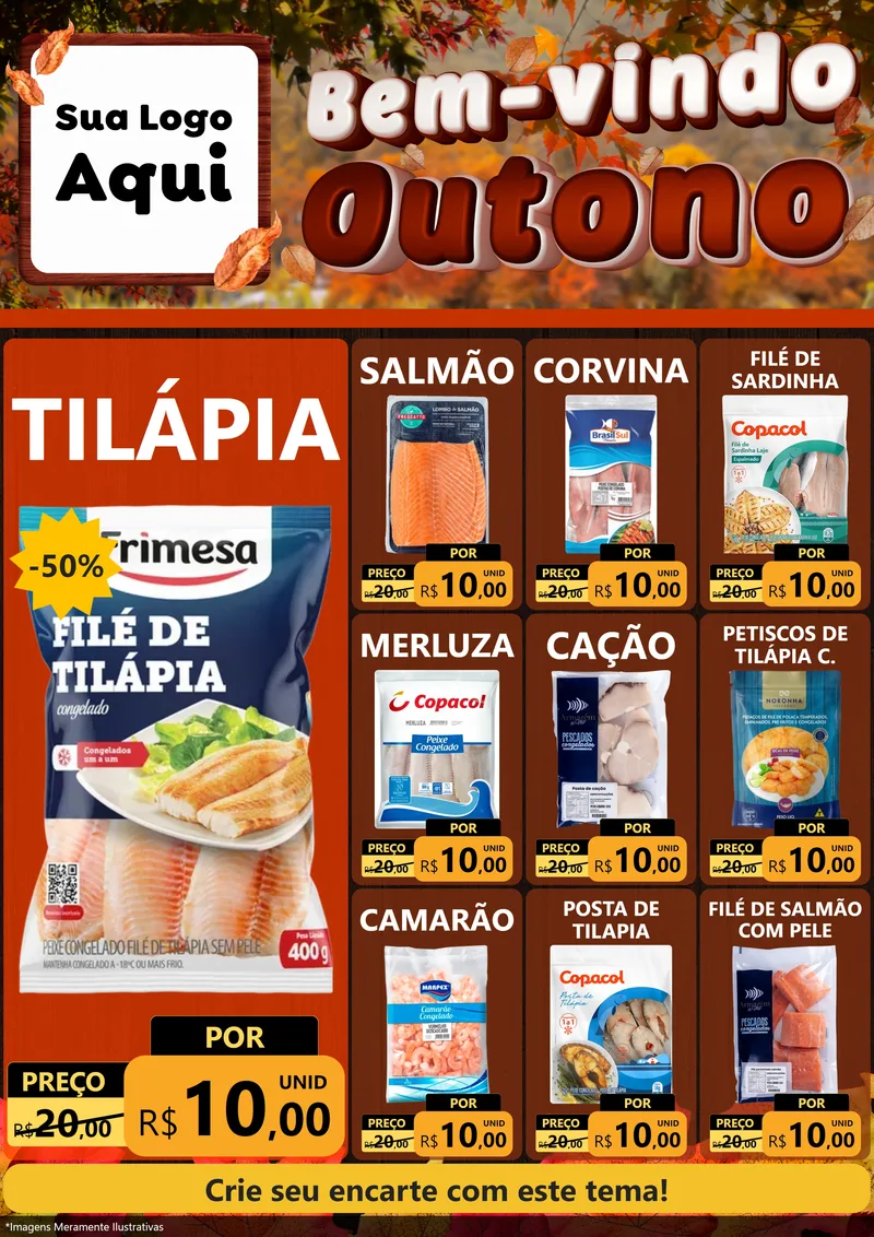 Modelo de Encarte para Encarte A4 Vertical com o tema Bem-vindo Outono para Peixaria