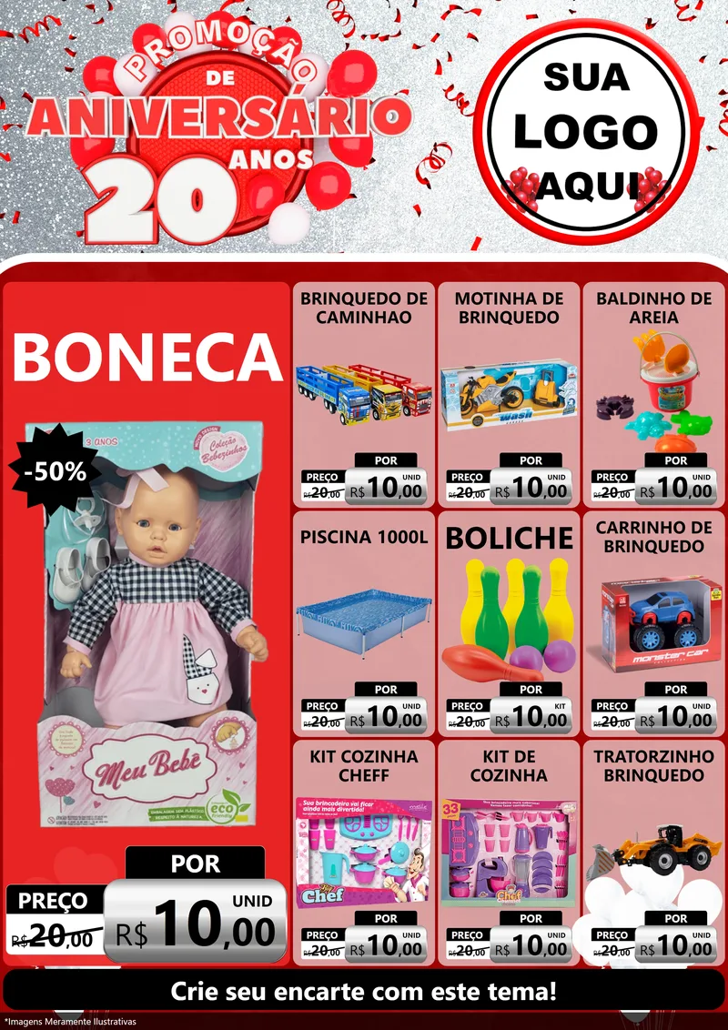 Modelo de Encarte para Encarte A4 Vertical com o tema Promoção de Aniversário - 20 Anos para Brinquedos