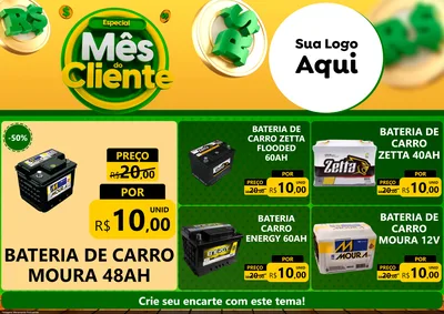 Modelo de Encarte para Encarte A4 Horizontal com o tema Especial Mês do Cliente para Baterias Elétricas