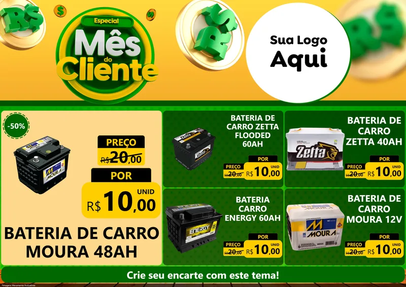 Modelo de Encarte para Encarte A4 Horizontal com o tema Especial Mês do Cliente para Baterias Elétricas