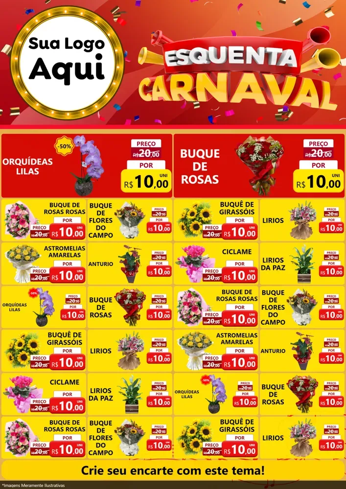 Modelo de Encarte para Encarte A4 Vertical com o tema Esquenta Carnaval para Floricultura e jardim