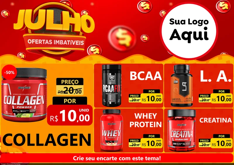 Modelo de Encarte para Encarte A4 Horizontal com o tema Julho Ofertas Imbatíveis para Suplementos alimentares