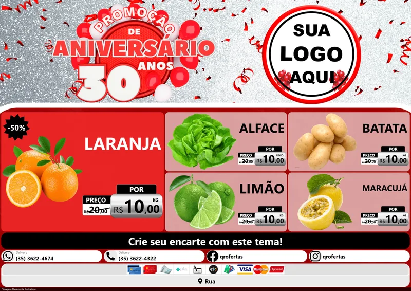 Modelo de Encarte para Encarte A4 Horizontal com o tema Promoção de Aniversário - 30 Anos para Hortifrúti