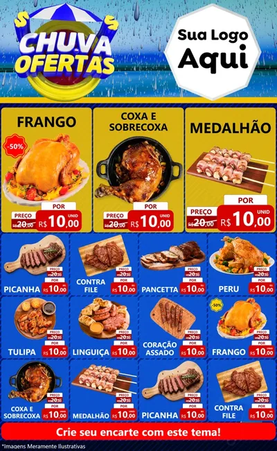 Modelo de Encarte para Encarte Grande com o tema Chuva de Ofertas para Assados