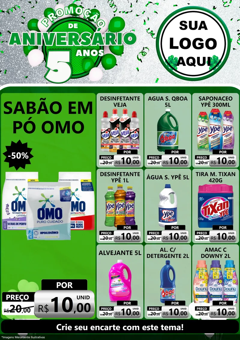 Modelo de Encarte para Encarte A4 Vertical com o tema Promoção de Aniversário - 5 Anos para Produtos de Limpeza