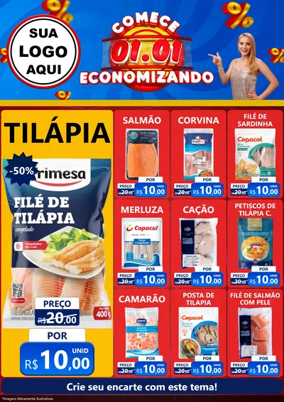 Modelo de Encarte para Encarte A4 Vertical com o tema Comece 1º de Janeiro Economizando para Peixaria