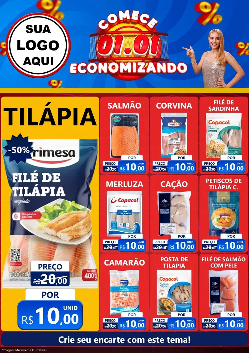 Modelo de Encarte para Encarte A4 Vertical com o tema Comece 1º de Janeiro Economizando para Peixaria