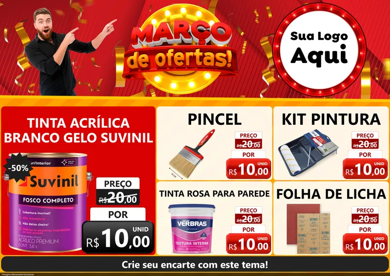 Modelo de Encarte para Encarte A4 Horizontal com o tema Março de Ofertas! para Tintas e Ferramentas