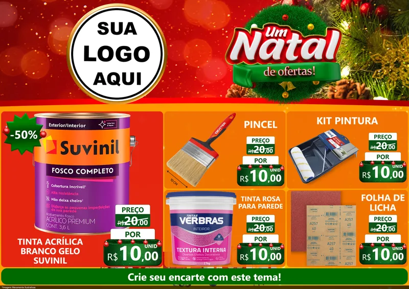 Modelo de Encarte para Encarte A4 Horizontal com o tema Um Natal de Ofertas para Tintas e Ferramentas
