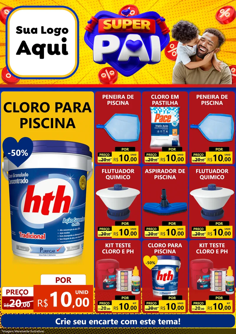 Modelo de Encarte para Encarte A4 Vertical com o tema Super Pai para Produtos para Piscina