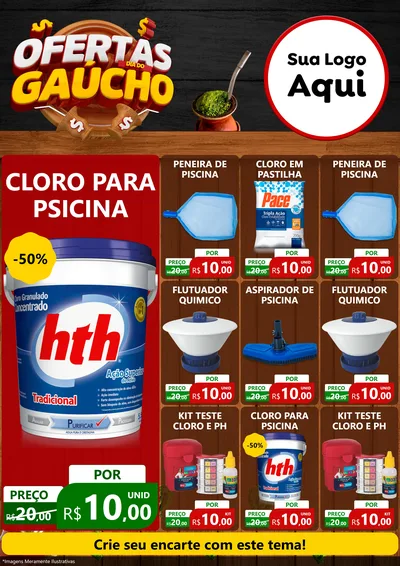 Modelo de Encarte para Encarte A4 Vertical com o tema Ofertas Dia do Gaúcho para Produtos para Piscina