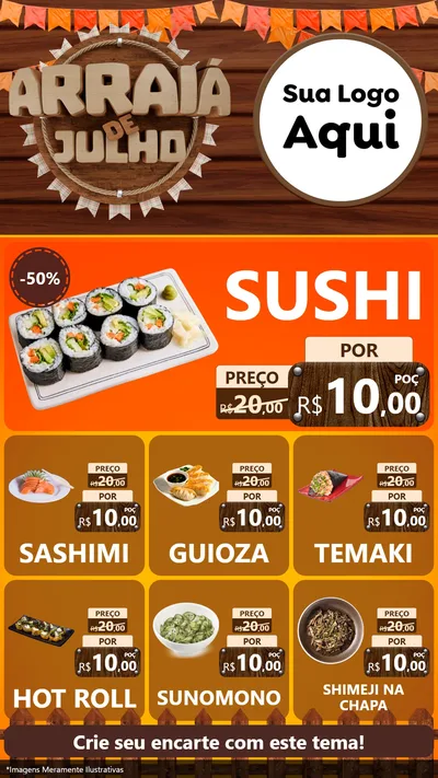 Modelo de Rede Social para Stories com o tema Arraiá de Julho - Junina para Comida japonesa