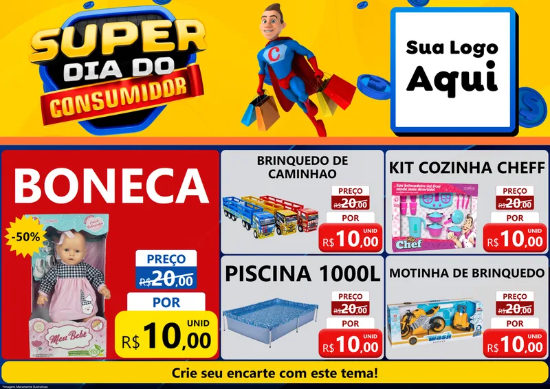 Modelo de Encarte para Encarte A4 Horizontal com o tema Super Dia do Consumidor para Brinquedos