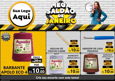 Modelo de Encarte para Encarte A4 Horizontal com o tema Mega Saldão de Janeiro para Armarinho e Aviamentos