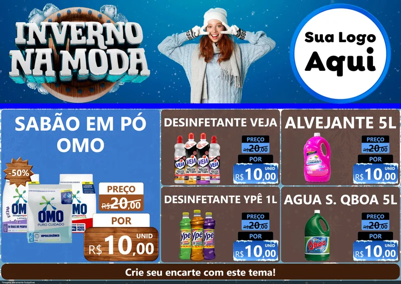 Modelo de Encarte para Encarte A4 Horizontal com o tema Inverno na Moda para Produtos de Limpeza
