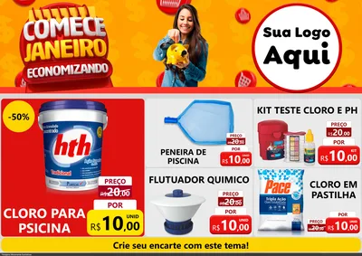 Modelo de Encarte para Encarte A4 Horizontal com o tema Comece Janeiro Economizando para Produtos para Piscina
