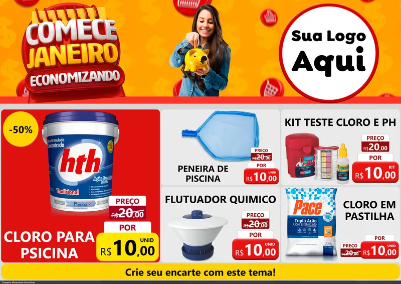 Modelo de Encarte para Encarte A4 Horizontal com o tema Comece Janeiro Economizando para Produtos para Piscina