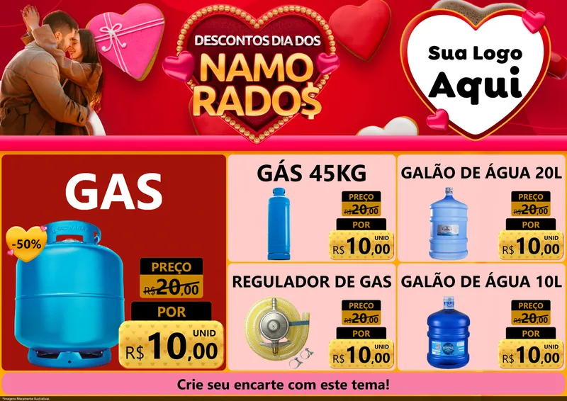 Modelo de Encarte para Encarte A4 Horizontal com o tema Descontos Dia dos Namorados para Água e gás