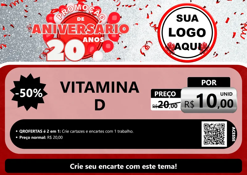 Modelo de Cartaz para Cartaz A4 Horizontal com o tema Promoção de Aniversário - 20 Anos para Farmácia