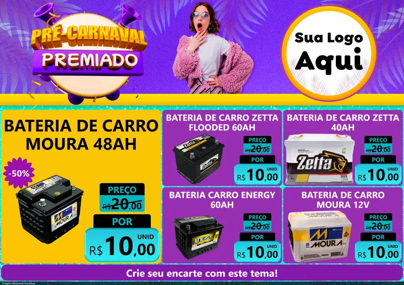 Modelo de Encarte para Encarte A4 Horizontal com o tema Pré-Carnaval Premiado para Baterias Elétricas