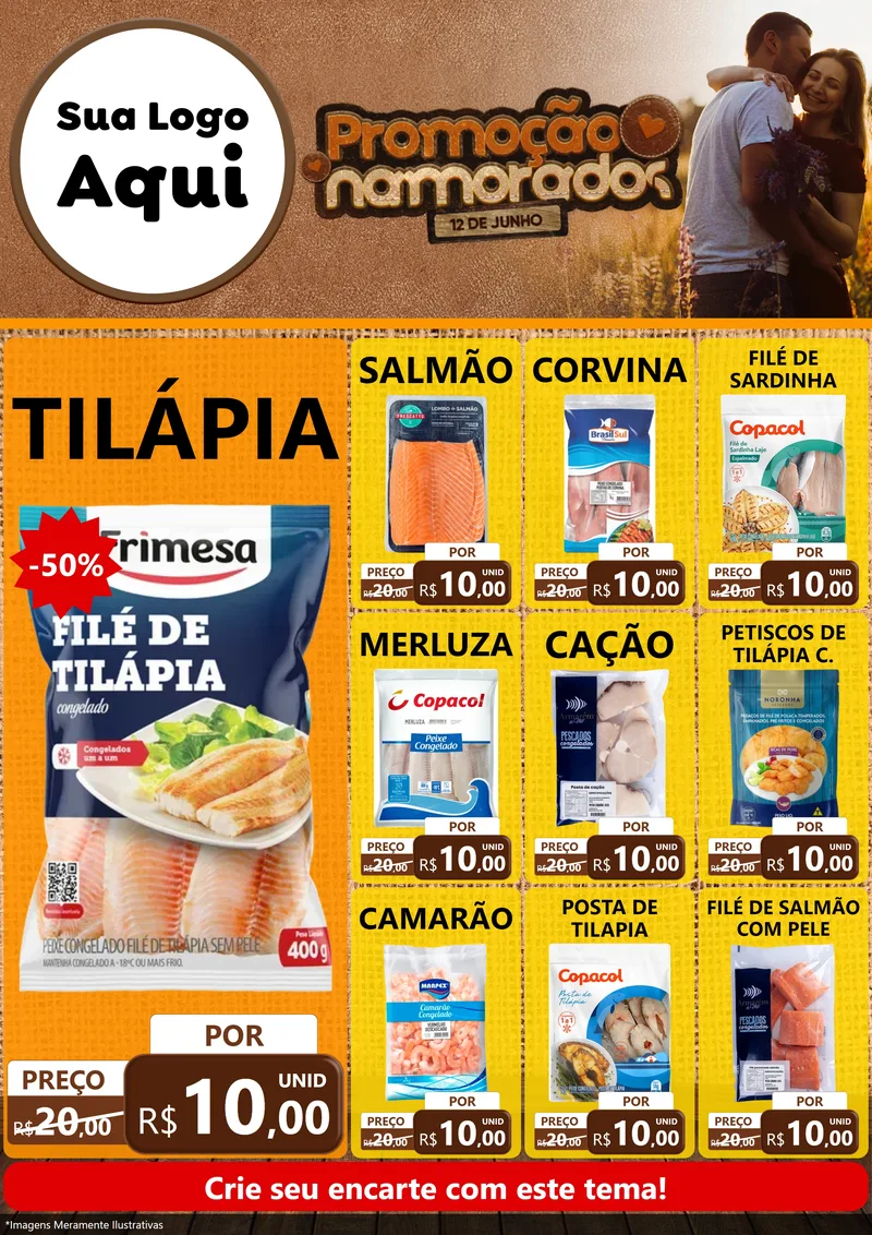 Modelo de Encarte para Encarte A4 Vertical com o tema Promoção Namorados para Peixaria