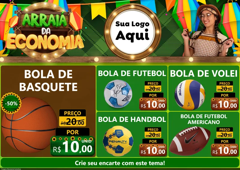 Modelo de Encarte para Encarte A4 Horizontal com o tema Arraiá de Economia para Artigos Esportivos
